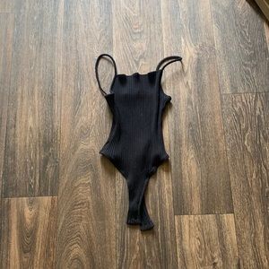 CALE Black Ribbed Scoop Neck Bodysuit